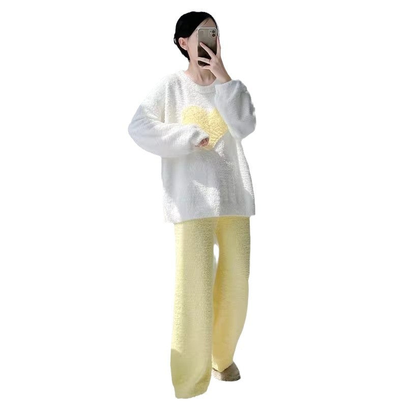 Winter New Heart Half-Fleece Pajamas for Women Loose Fit Fleece-Lined Warm Sweet Cute Style Homewear Two-Piece Set