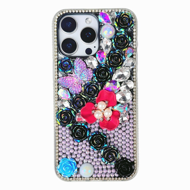 Rhinestone Rose Flower Suitable for iPhone17Pro Mobile Phone Case Suitable for Apple Luxury Pearl Mobile Phone Protective Cover
