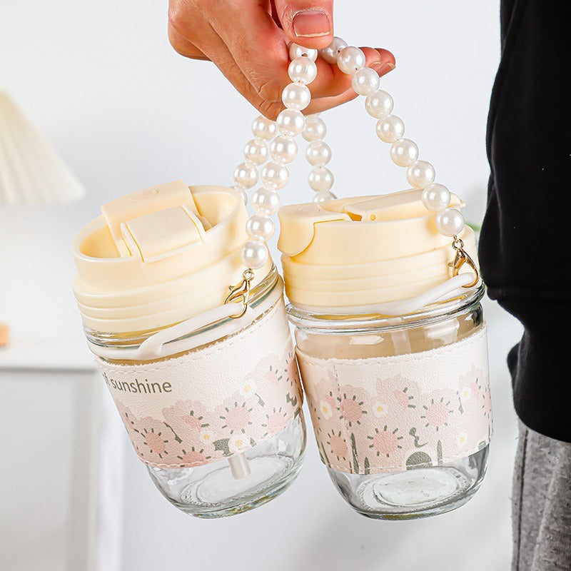 Glass Cup Straw Water Cup High Temperature Resistant Pearl Bracelet Double Drinking Cup Cup Souvenir Creative High Appearance Universal