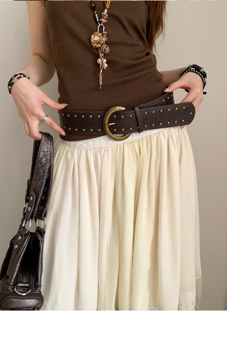 Vintage Western Style Brown Studded Belt for Women, Niche Design Flower Waist Rope for Dresses and Jeans, Waist Cincher Accessory
