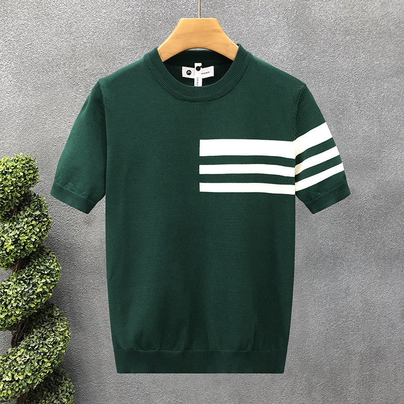 2025New Short Sleeve Knitted Shirt for Men, Striped, Simple, High-End Business, Mature, Slim Fit, Ice Silk T Men's Shirt