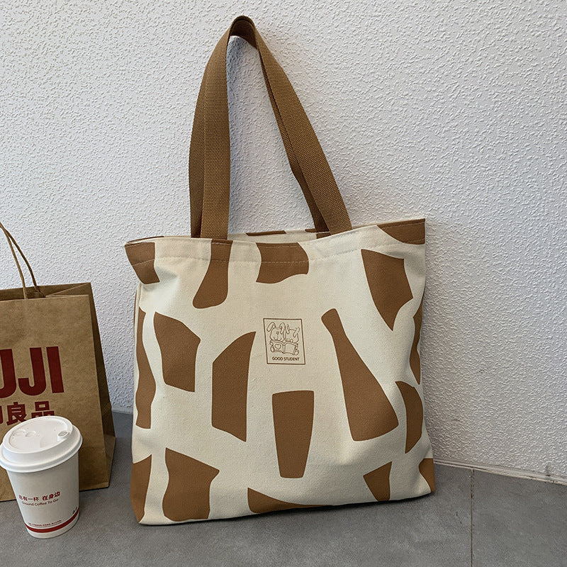 Canvas bag for women, single shoulder, suitable for college students to carry books ins Korean Style Zippered Artistic Design Handheld Canvas Bag