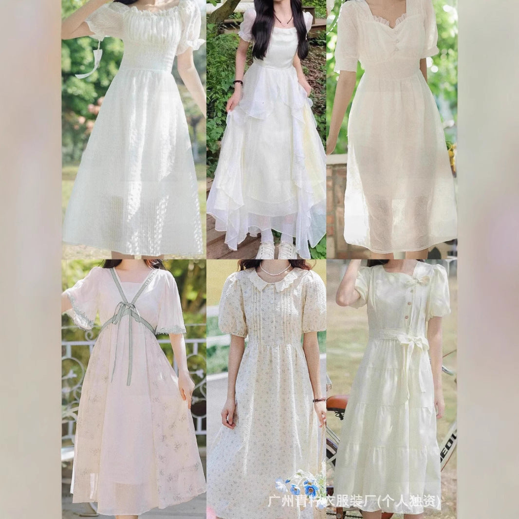 Hangzhou Four Seasons Green Women's Dress2025Summer New French Style Fairy Square Neck Waist-Cinching Sweet First Love Long Dress
