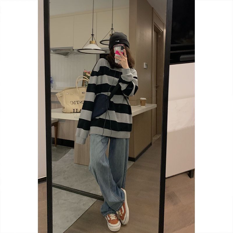 Striped Sweatshirt for Back-to-School Season Spring and Autumn oversize Black and Gray Women Slimming Loose Lazy Couple Student ins Tide