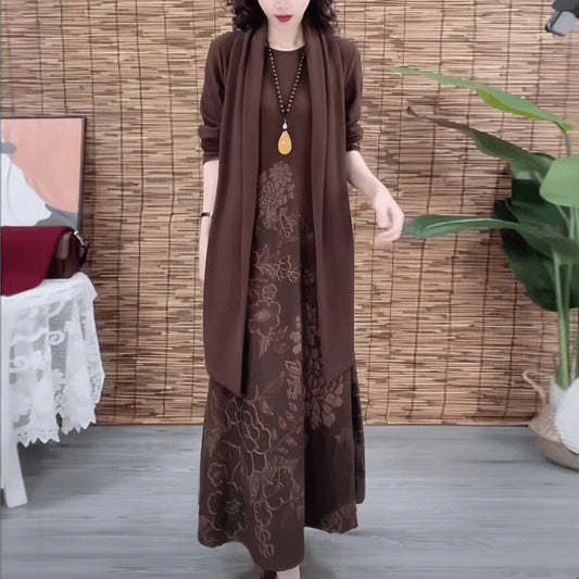 High-End Boutique New Autumn Winter Fashion Elegant Middle-Aged Women's Long Dress Slimming Dress with Scarf