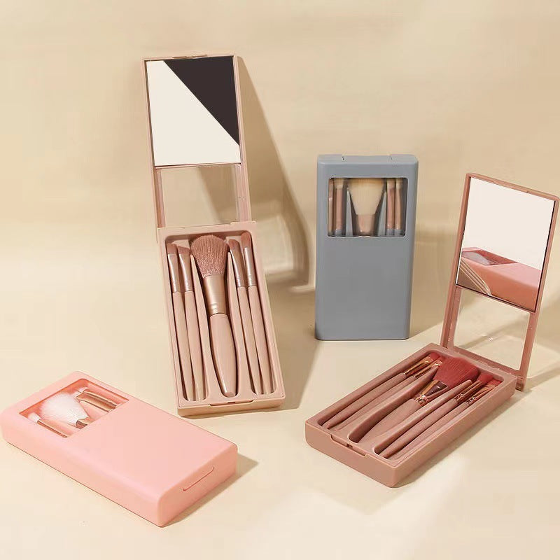 New5Mirror Box Makeup Brush Set with Window Mirror Eye Shadow Soft Bristles Affordable Portable Morandi