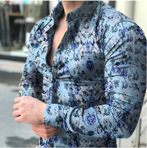 Spring and Autumn Long Sleeve Shirt Cross-Border European and American Printed Shirt Amazon Men's Casual Floral Shirt Slim Fit Shirt for Men