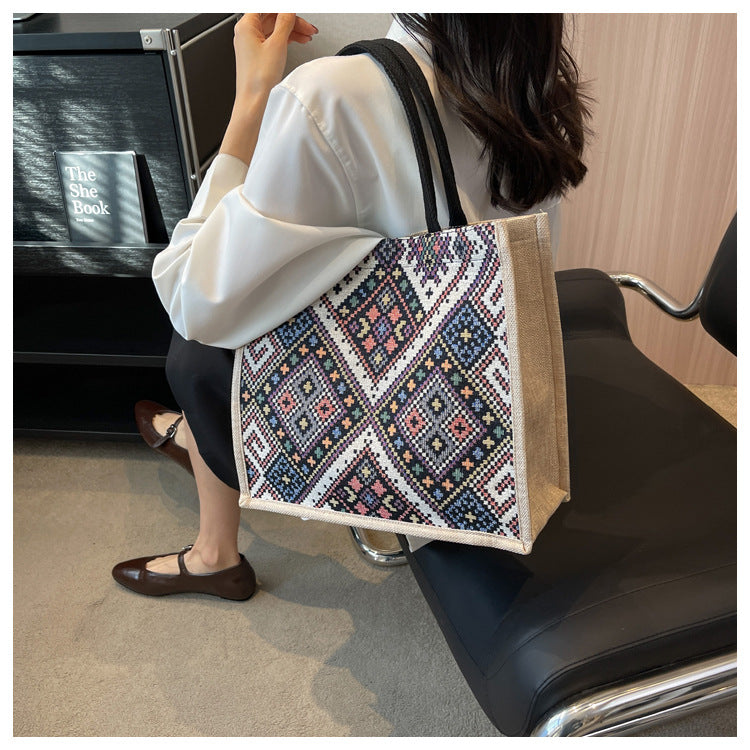 Large Capacity Commuter Bag Women2023New Fashion Single Shoulder Tote Bag Ethnic Style Student Handbag Class Bag Trendy