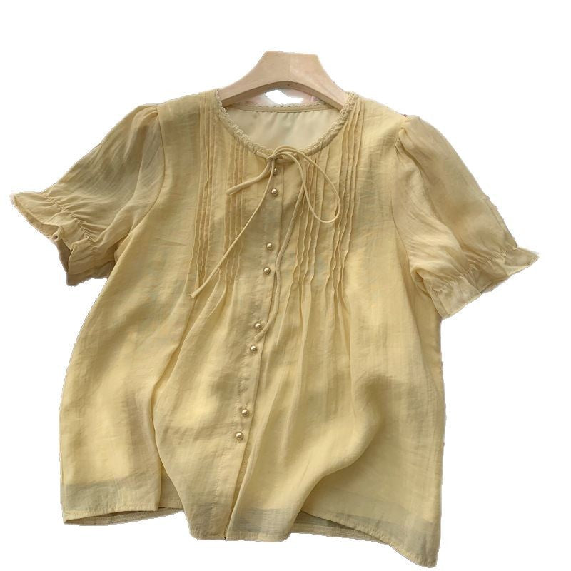 Real Shot◆Private Server Edition！French Style Round Neck Breathable Comfortable Light Pink Lace-Up Loose Shirt Chiffon Blouse