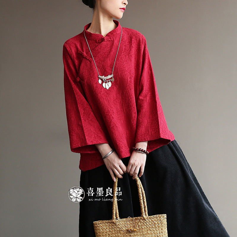 8813Xi Mo Women's Clothing Republic of China Retro Artistic Spring and Autumn New Double Layer Jacquard Button Shirt Chinese Style Short Top