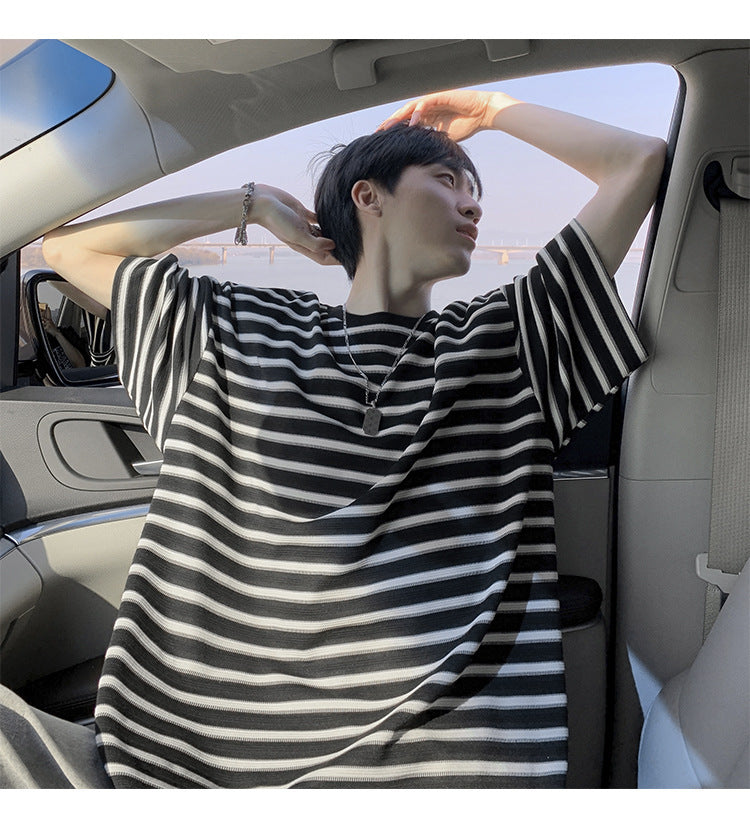 American striped short sleeve t Men's Summer Trendy Neck Loose Cotton