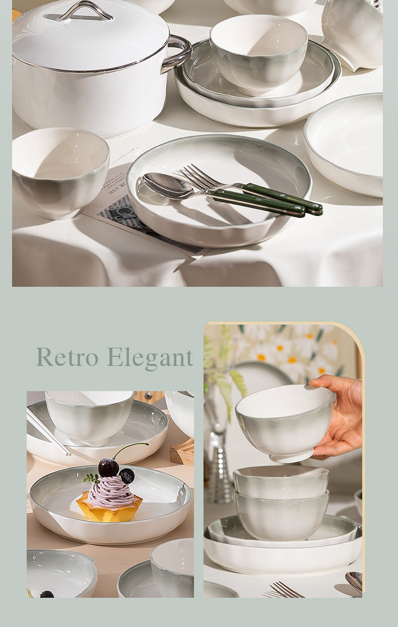 Nordic Style Gradient Color Bowl and Plate Set for Home Use, Thickened Lace Ceramic Tableware, Bowl and Plate Combination, Underglaze Color Bowl Set