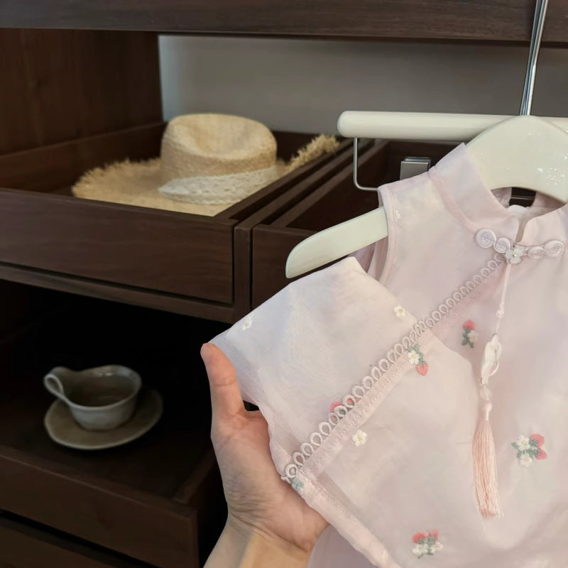 Sweet Little Girl Summer Outfit New Baby Chinese Style Top Wide-Leg Pants Summer Fashion Chinese Two-Piece Set