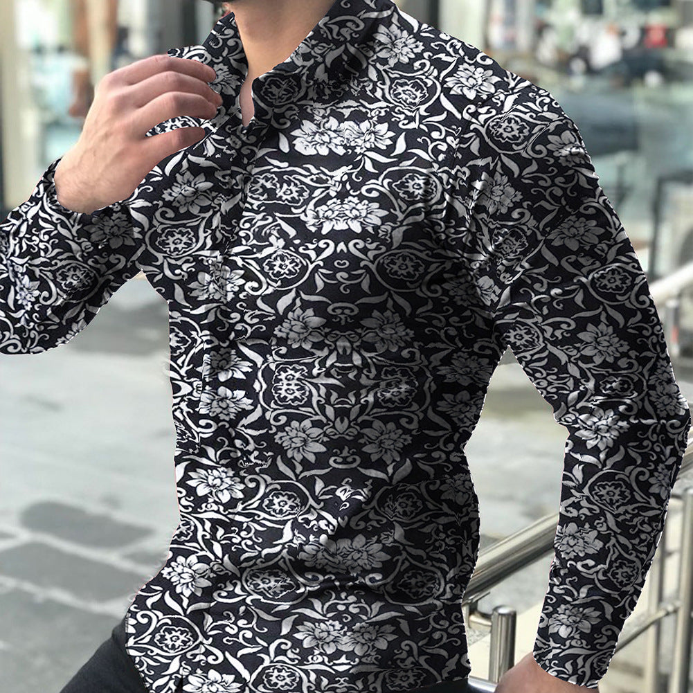 Spring and Autumn Long Sleeve Shirt Cross-Border European and American Printed Shirt Amazon Men's Casual Floral Shirt Slim Fit Shirt for Men