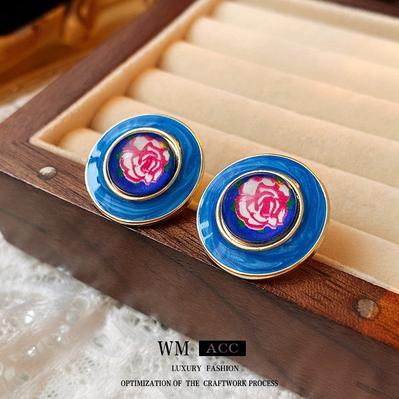 Silver Needle Ancora Red Oil Drop Geometric Earrings Niche Versatile Retro Elegant Studs High-end Fashion Earrings for Women