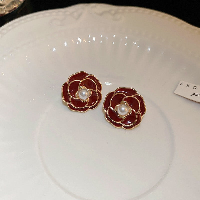 Silver Needle Ancora Red Oil Drop Geometric Earrings Niche Versatile Retro Elegant Studs High-end Fashion Earrings for Women