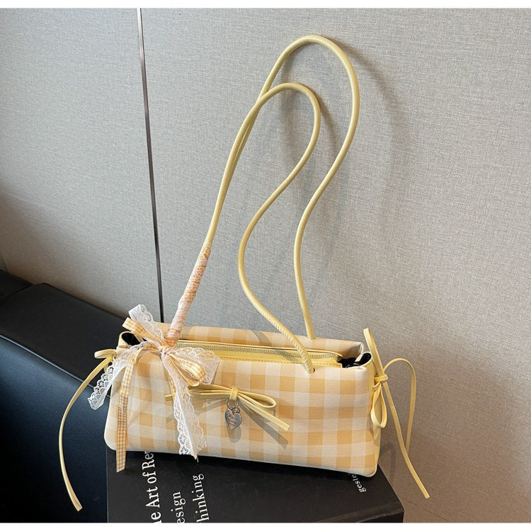 Dopamine Plaid Handbag Small Tote Bag for Women Summer2025New Ballet Style Bow Baguette Bag Underarm Bag Trendy