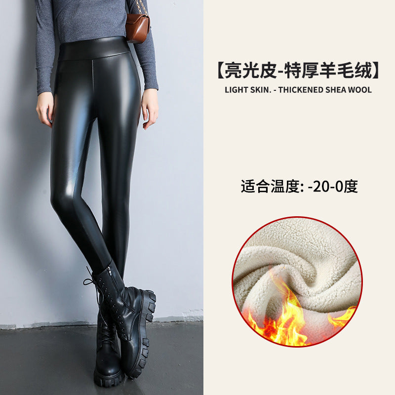 PU Women's Leather Pants Autumn Winter Long Pants Base Pants Fleece Lined Thickened High Waist Slimming Windproof Waterproof Outdoor Wear Wholesale