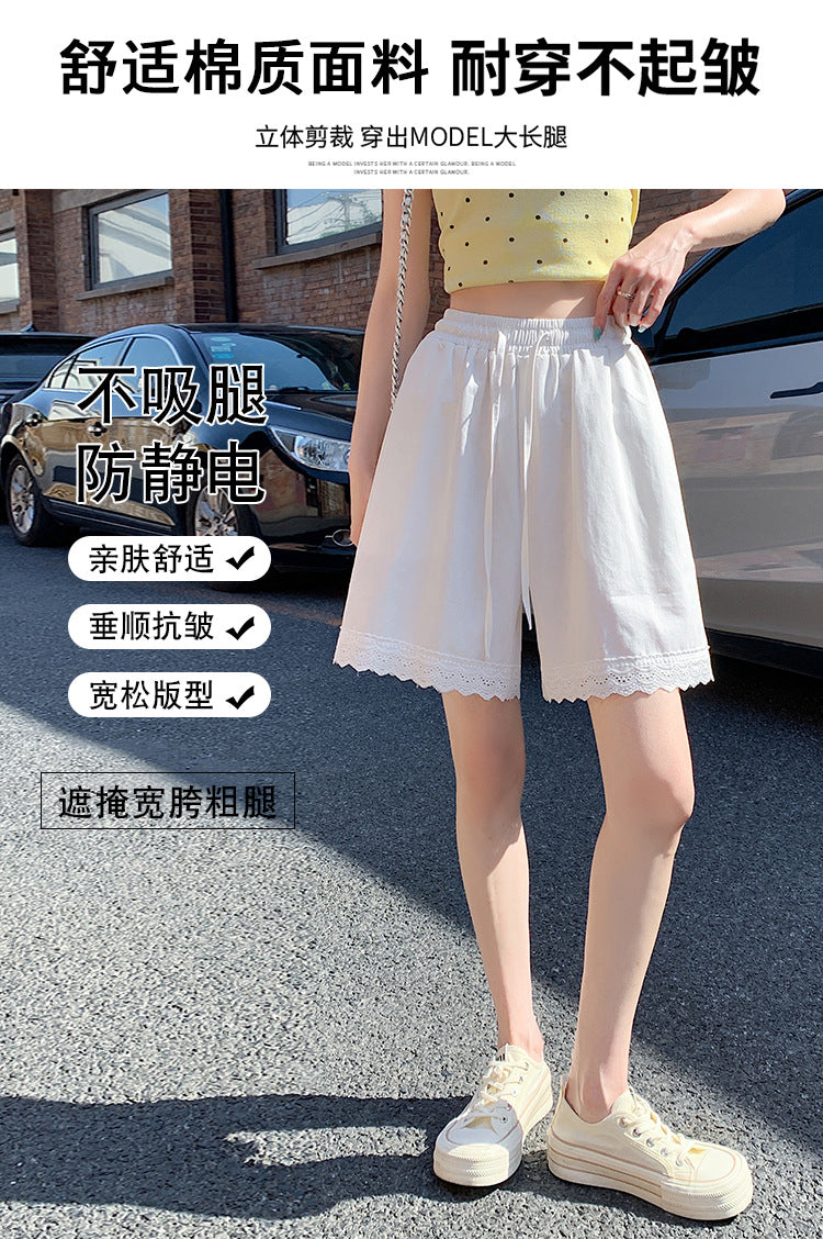 Japanese Style Wide-Leg Jeans for Women2025High Waist Lace Trim Casual Shorts Loose Straight Five-Point Shorts Trendy