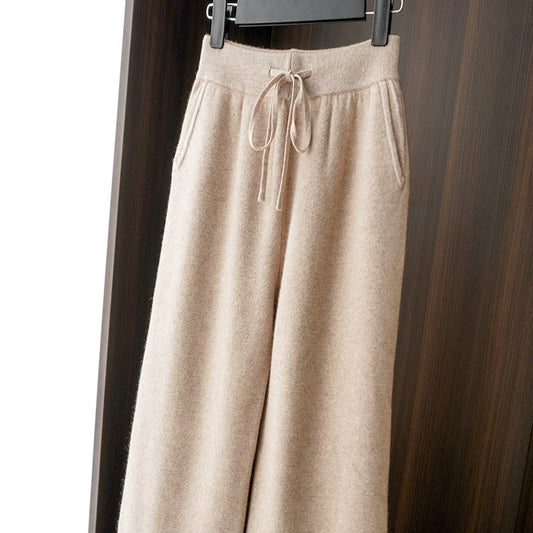 Autumn Winter Thickened Knitted Full Wool Wide-Leg Pants for Women Casual Cashmere High-Waist Draped Loose Straight-Leg Floor-Length Pants