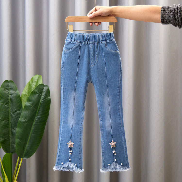 Children's Clothing Wholesale Girls' Jeans Spring and Autumn New Style Medium and Large Children's Slim Pants Baby Casual Girls' Flared Long Pants