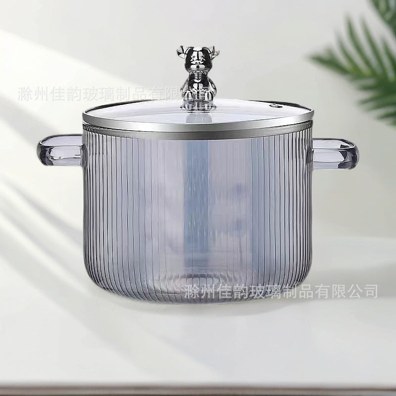 Creative Bear Double Ear Soup Pot Striped Pot Glass Transparent Health Pot Electric Ceramic Stove Heatable Instant Noodle Bowl Milk Pot