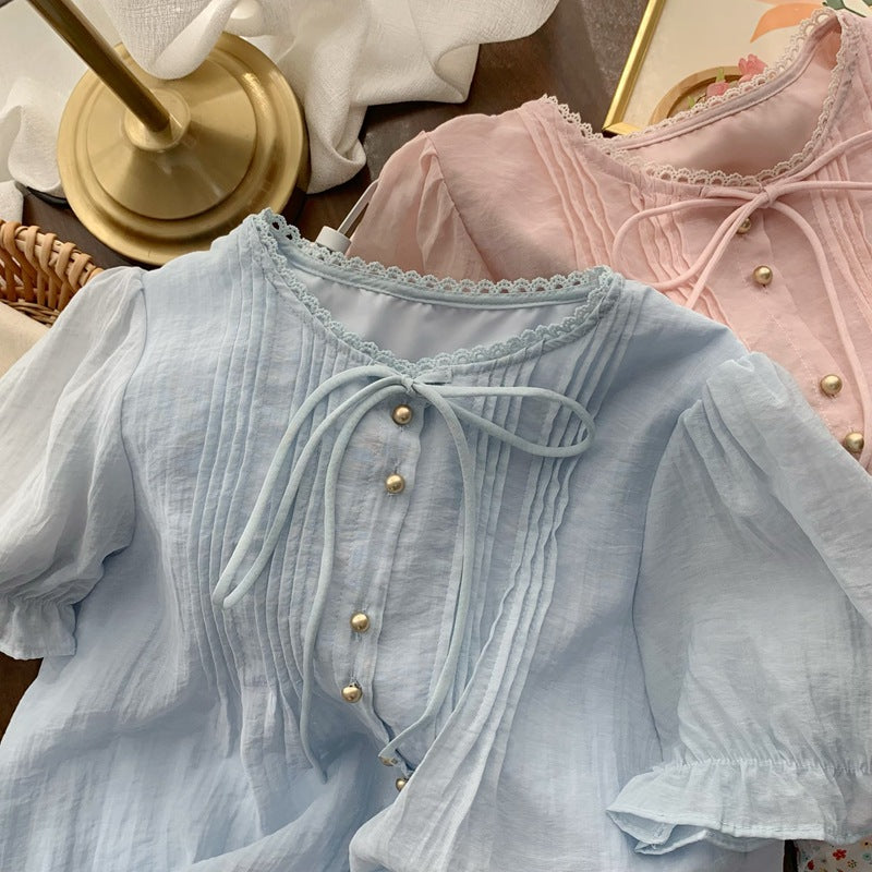 Real Shot◆Private Server Edition！French Style Round Neck Breathable Comfortable Light Pink Lace-Up Loose Shirt Chiffon Blouse