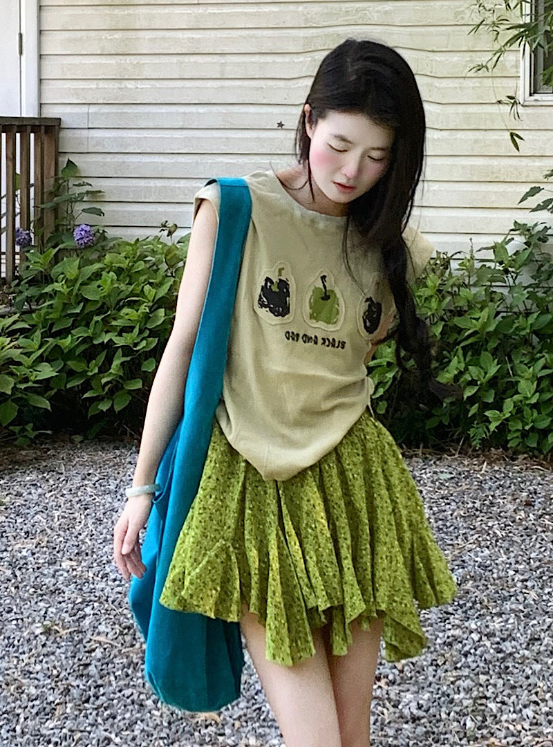 Design Sense Fresh Print T Women's T-shirt2025Summer New Loose Fit Youthful Niche Unique chic Trendy Top