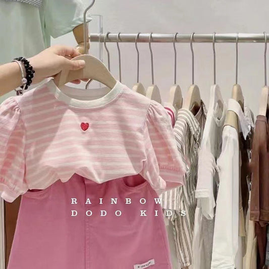 Girls' Stylish New Outfit Set2024Summer children's clothing heart stripe short-sleeve top set for little girls two-piece set