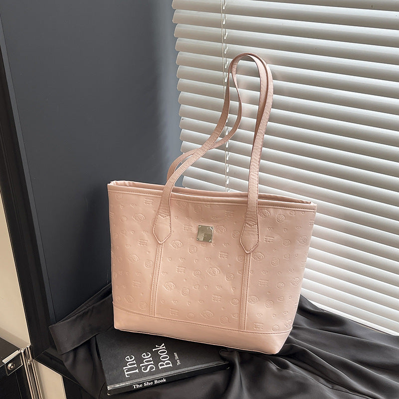 European and American Trendy Simple Large Capacity Tote Bag2025New high-value casual cute embossed single-shoulder handbag