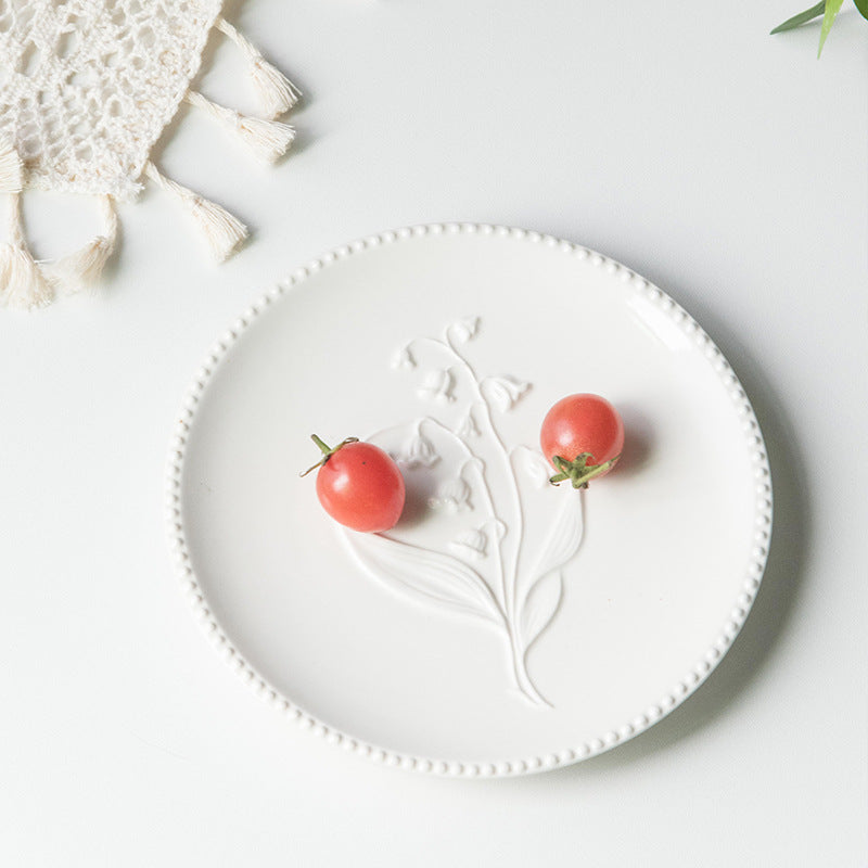 American Relief Lily of the Valley Series Lace Ceramic Western Pasta Plate Pastry Dessert Plate Deep Plate Household Dish Plate