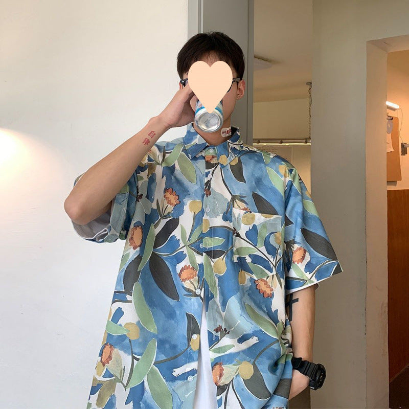 Summer Short Sleeve Floral Shirt for Men and Women Hawaiian Retro Hong Kong Style Loose Ice Silk Shirt Couple Outfit