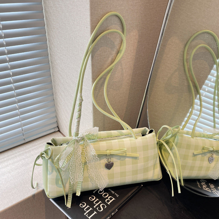 Dopamine Plaid Handbag Small Tote Bag for Women Summer2025New Ballet Style Bow Baguette Bag Underarm Bag Trendy