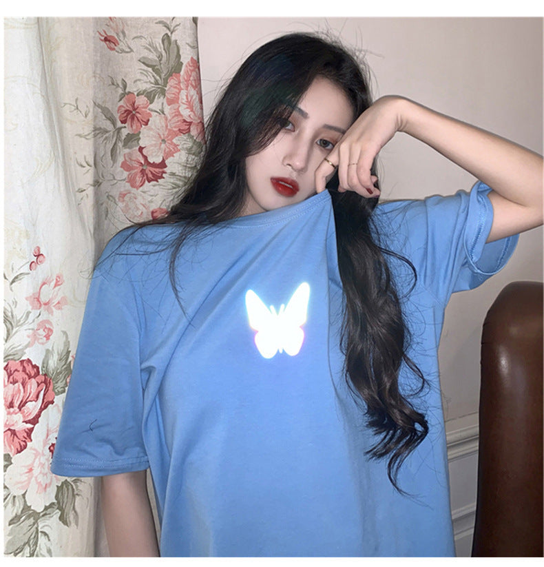 Summer2025New Year's Trendy Internet Celebrity Couple Outfit Reflective Butterfly Short Sleeve t Women's Summer T-shirt ins Super Popular Short Top