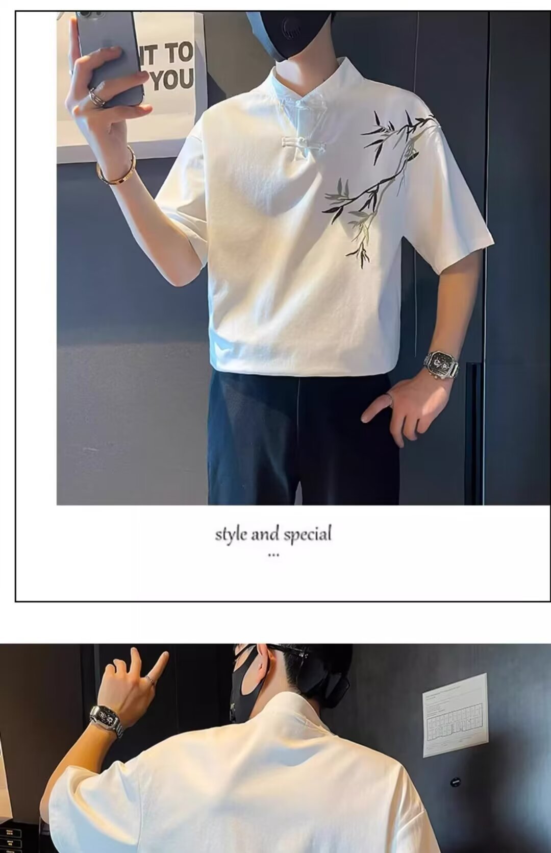 Summer New Chinese Style Button Short Sleeve T Men's Shirt with Unique Embroidery Bamboo Design Retro Cool National Style Half Sleeve t T-shirt