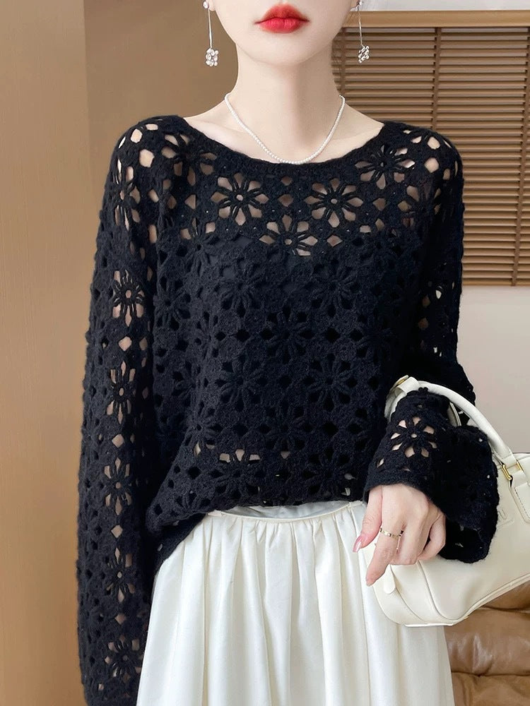 Early Autumn Crochet Hollow Solid Color V Lazy Style Soft Wool Knitted Pullover Top Slimming