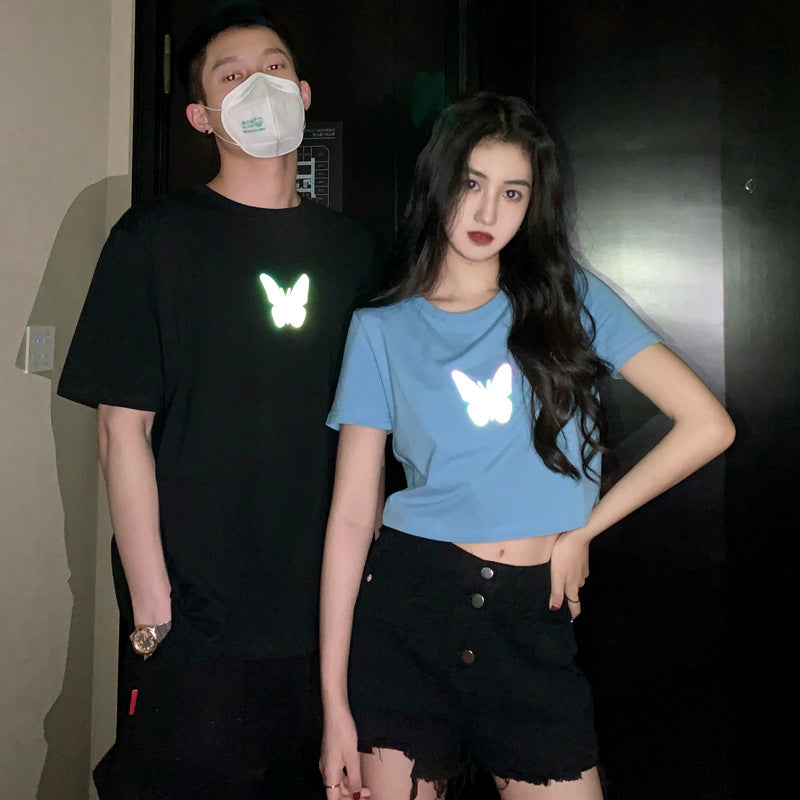 Summer2025New Year's Trendy Internet Celebrity Couple Outfit Reflective Butterfly Short Sleeve t Women's Summer T-shirt ins Super Popular Short Top