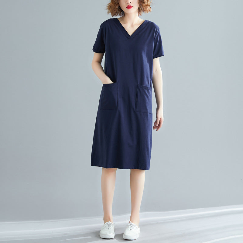 Plus Size Women's Summer Loose Korean Style Mid-Length Dress T Shirt and Skirt for Plus Size mm Solid Color V Collared Slimming Short Sleeve Dress