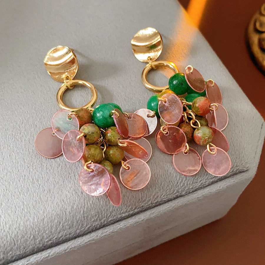 Medieval vintage Jewelry Set Natural Stone Shell Tassel Pendant Earrings Light Luxury High-end Vintage Necklace