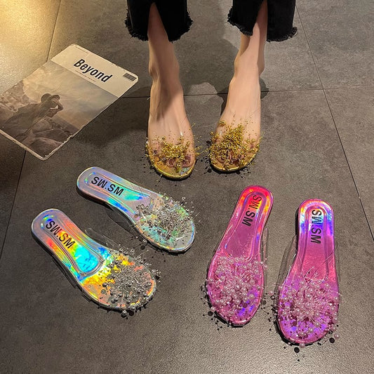 Sparkling Silver Transparent Beaded Closed-Toe Mules for Women2024Summer Internet Celebrity Super Popular Sandals Slippers