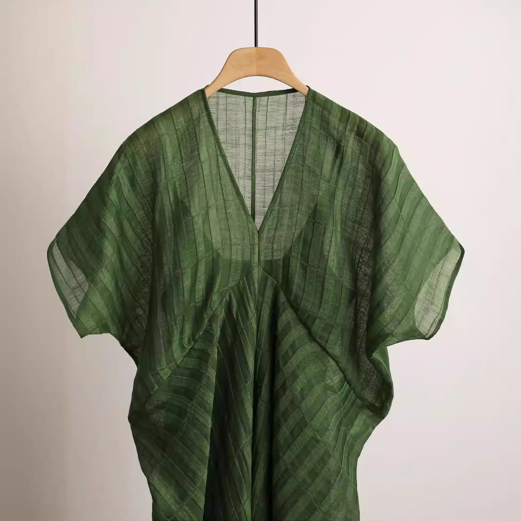 Spot Goods Gracefully Entering_Tencel Linen Blend Three-Dimensional Ribbed Texture Cocoon Design Dress2024Skirt