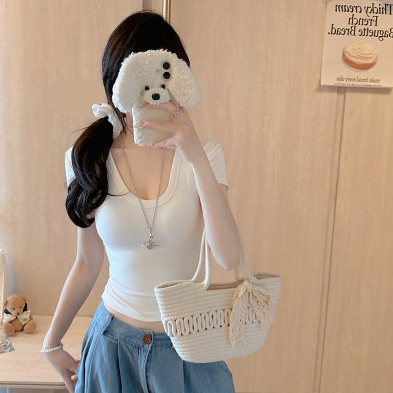 White u Pure Desire Slim Fit Tight Shoulder Short Sleeve t Women's Summer Shirt with Chest Pads Lace Hollow Out Hot Girl Short Top Black