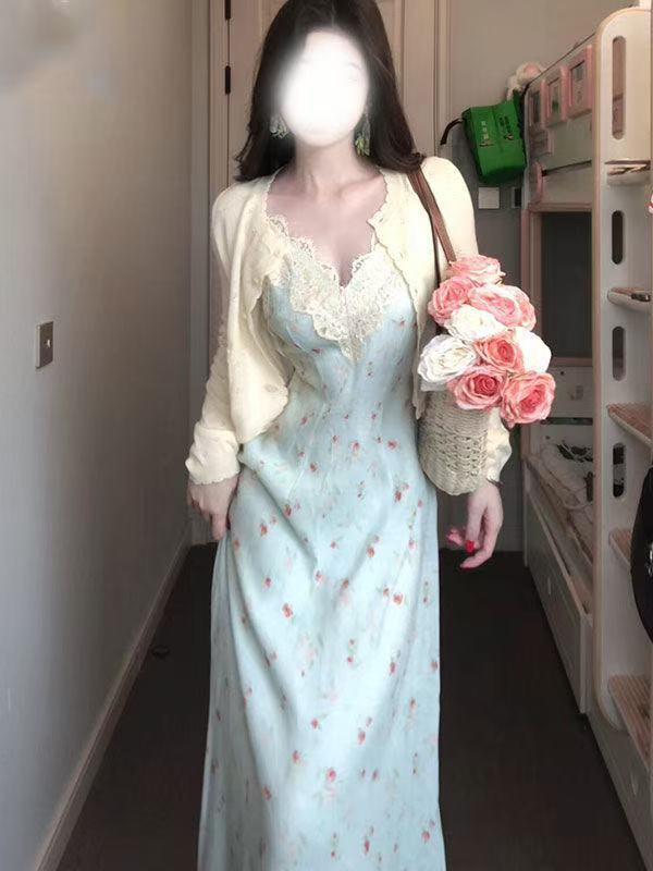 Fat mm Gentle Style Floral Strap Dress Plus Size Set for Women Spring Summer Long Sleeve Cardigan Lace Patchwork Waist-Cinching Long Dress