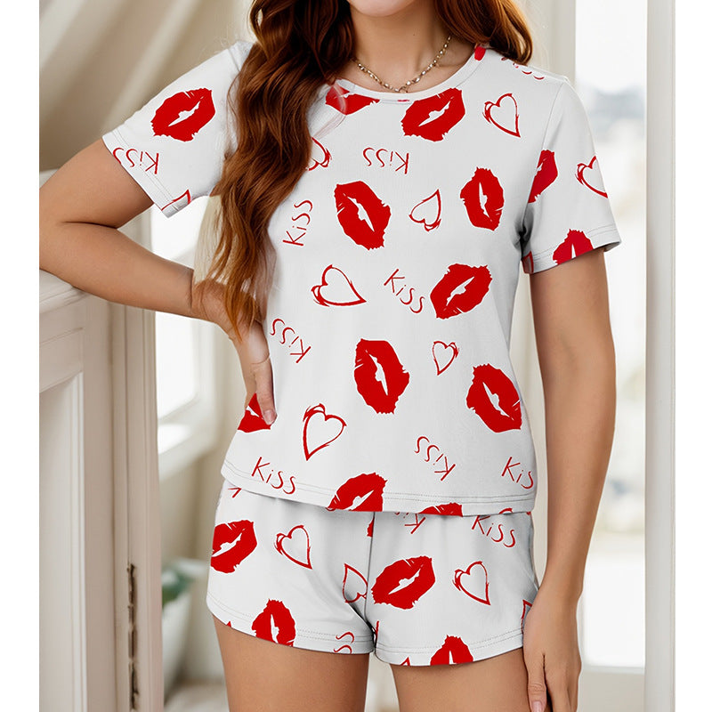 Cross-Border Delivery2025New Summer Men's and Women's Shorts Casual Kiss Print Couple Set Loungewear
