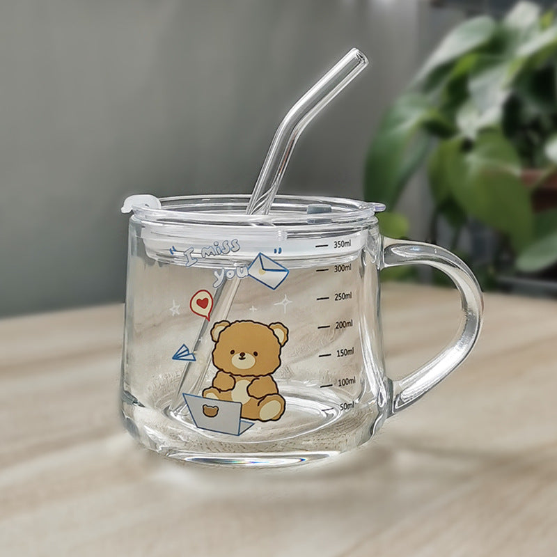 ins Glass Cup with Straw Milk Breakfast Cup Cute Cartoon Graduated Cup with Lid Spoon Gift Customization logo