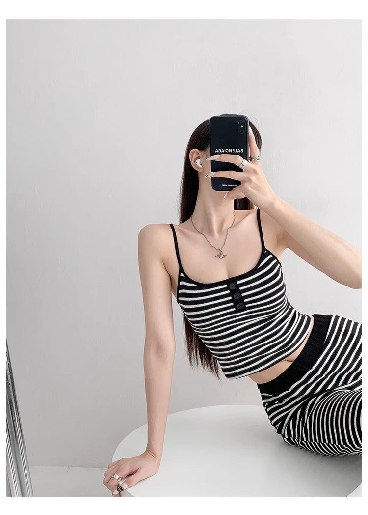 Home Lazy Relaxed Striped Slimming Wide-Leg Pants for Women Summer Hot Girl Fashion Camisole Vest Casual Two-Piece Set