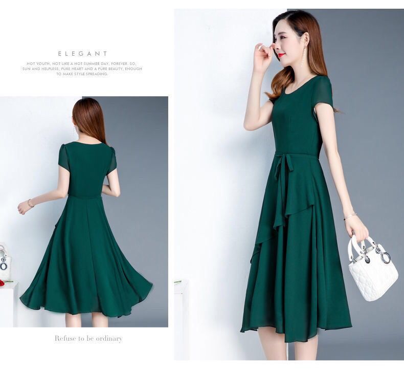 Summer New Fashionable Slimming Age-Reducing Skirt Elegant Mid-Length Style a Round Neck Plus Size Loose Women's Dress