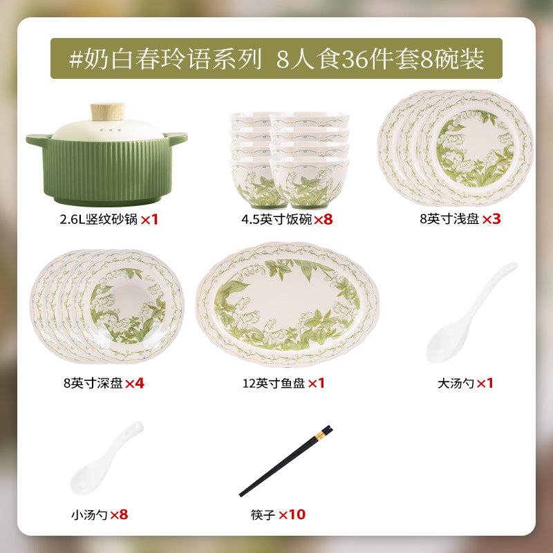 Lily of the Valley Bowl and Plate Set Household Ceramic Tableware Set Pastoral Style High-Value Underglaze Color Vegetable Plate Soup Plate Bowl and Chopsticks