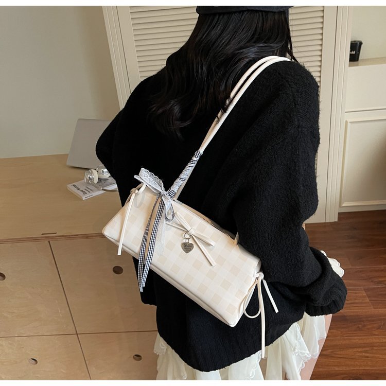 Dopamine Plaid Handbag Small Tote Bag for Women Summer2025New Ballet Style Bow Baguette Bag Underarm Bag Trendy
