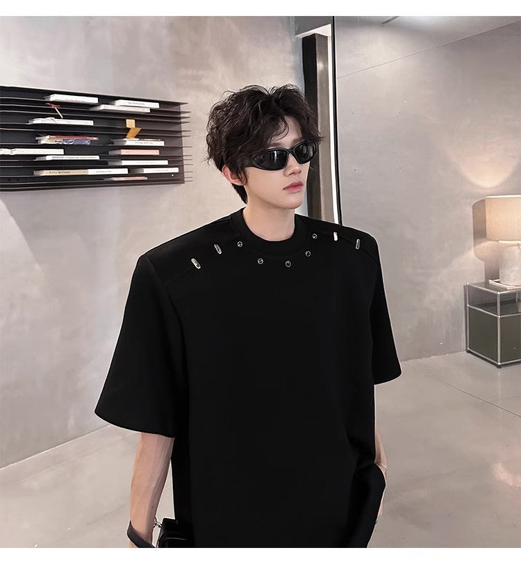 2025High-end Stylish Padded Shoulder Short Sleeve T Men's Summer Shirt with Unique Metal Decoration Design Heavyweight Top t T-shirt